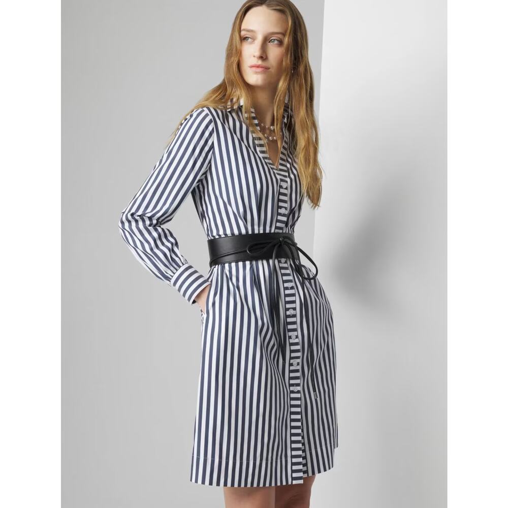 WHBM Long Sleeve Poplin Shirt Dress, French Navy Stripe, Size 8